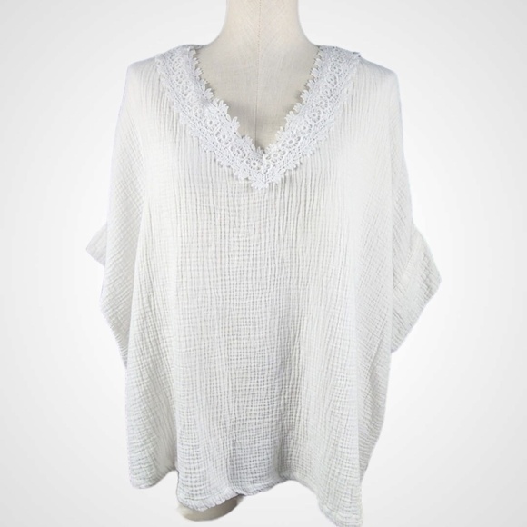 JONES & CO White Slub Textured 100% Cotton Lace Trim Batwing Short Sleeves 3X - Picture 3 of 10